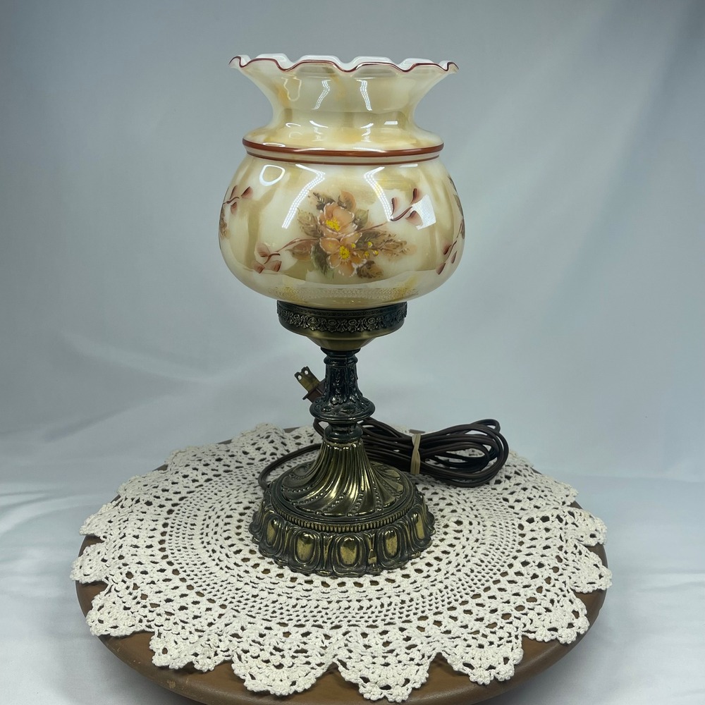 VTG Hurricane Lamp Brass Hand Painted Floral Westmoreland Glass 1972 L&L WMC 12"
